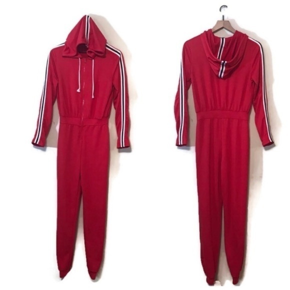 Fashion Nova Red Terry Running Errands Stripe Trim Jumpsuit Size Small - Picture 7 of 13